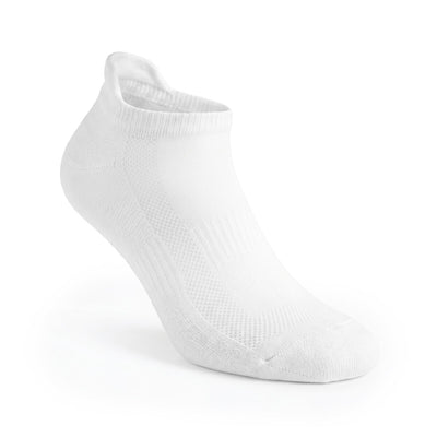 A single white low-cut ankle sock shown on a white background.